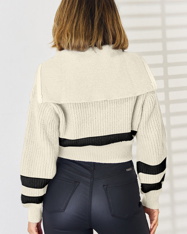 Striped Zip Up Dropped Shoulder Cardigan