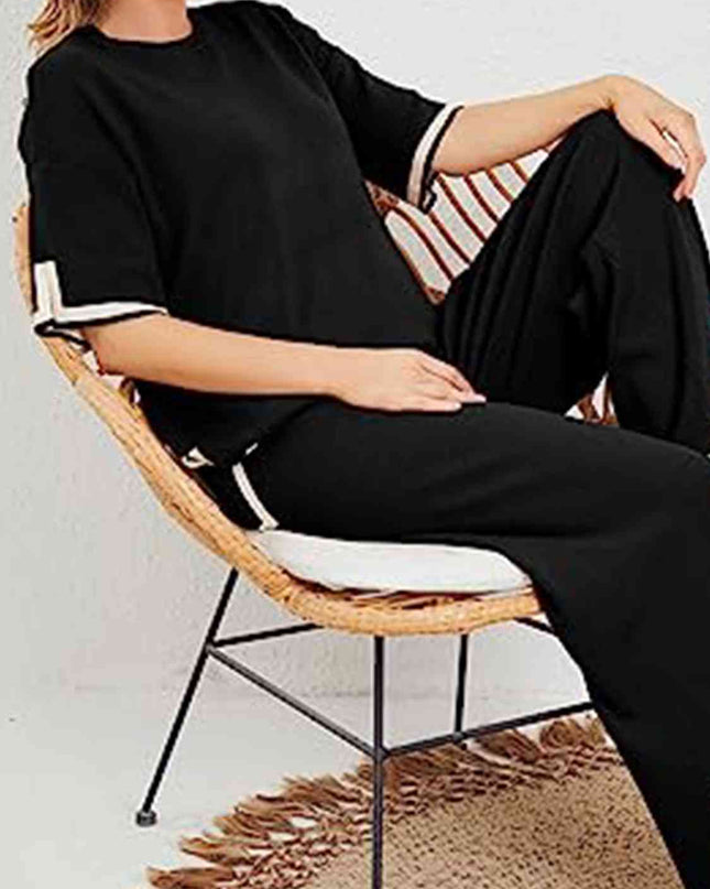 Contrast High-Low Sweater and Knit Pants Set