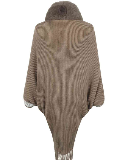 Striped Fringe Detail Long Sleeve Poncho