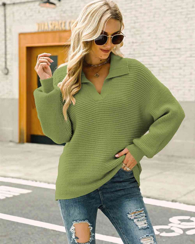 Double Take Horizontal Ribbing Johnny Collar Sweater