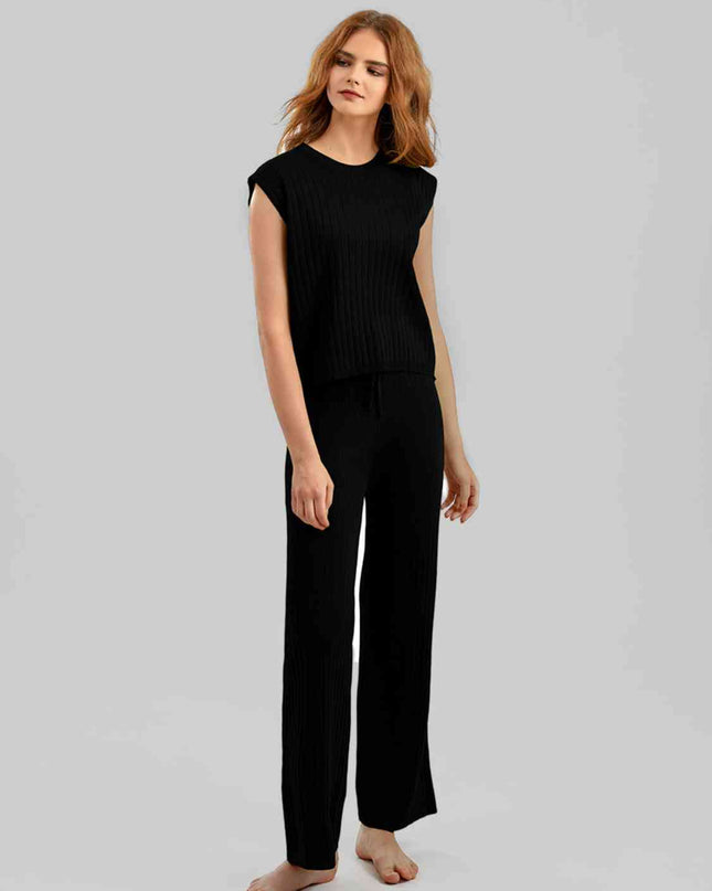 Ribbed Sweater Vest and Drawstring Knit Pants Set