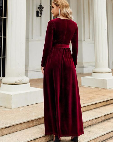 Tie Front Round Neck Long Sleeve Maxi Dress