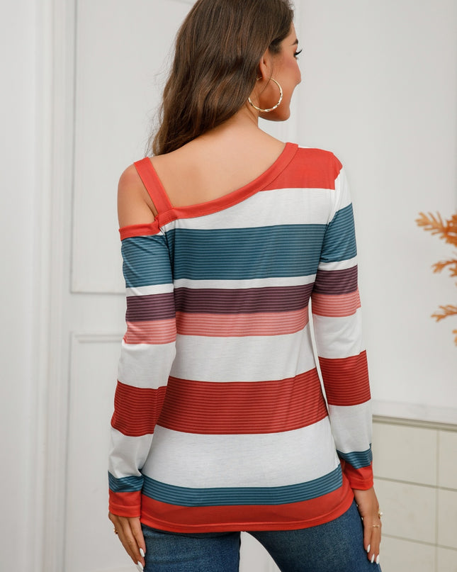 Striped Asymmetrical Neck Long Sleeve T-Shirt