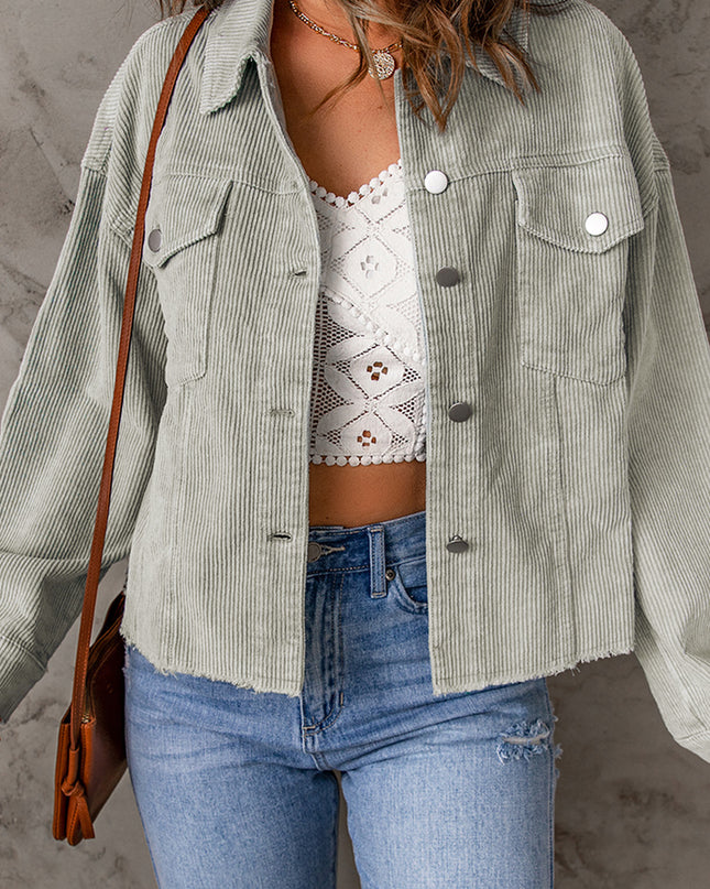 Double Take Raw Hem Button Down Corduroy Jacket with Pockets