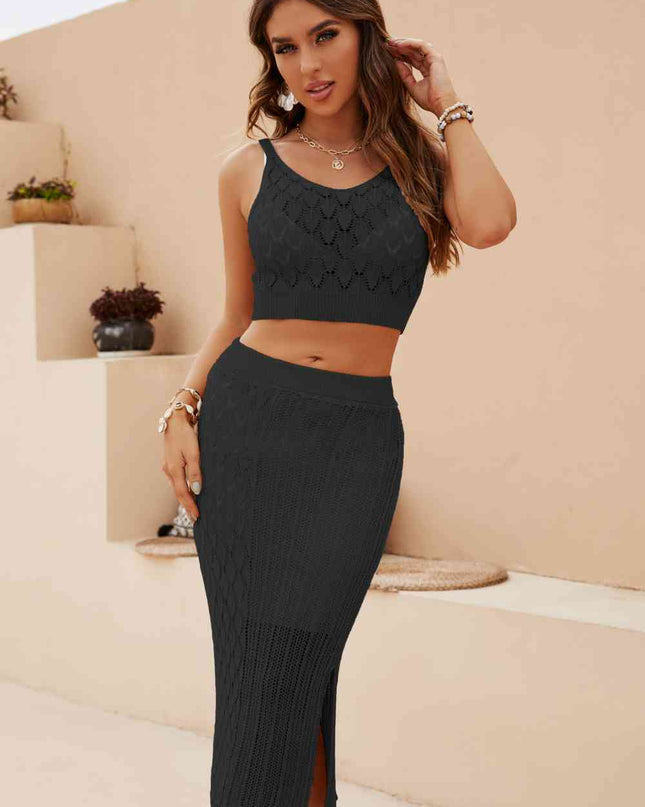 Openwork Cropped Tank and Split Skirt Set