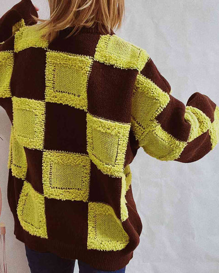 Checkered Round Neck Long Sleeve Sweater