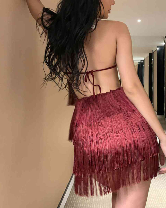 Fringed Halter Neck Tied Back Mini Dress