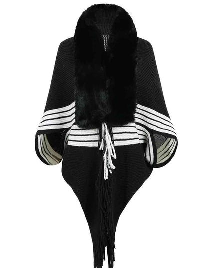 Striped Fringe Detail Long Sleeve Poncho