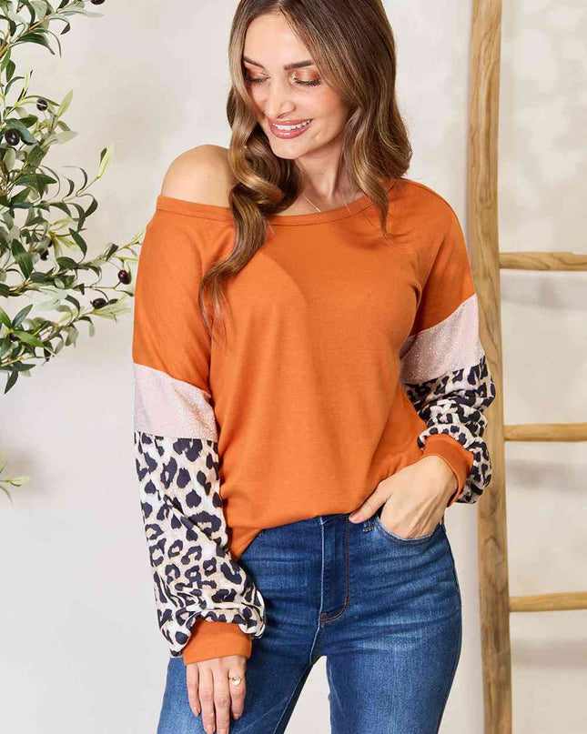 Double Take Leopard Long Sleeve Round Neck Sweatshirt