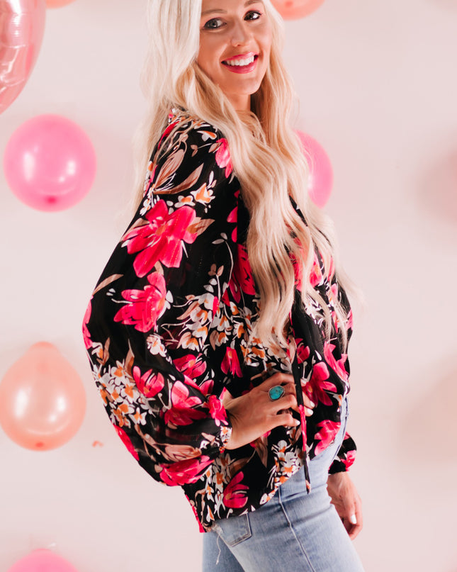 Floral V-Neck Balloon Sleeve Blouse