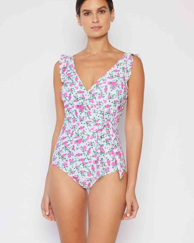 Marina West Swim Full Size Float On Ruffle Faux Wrap One-Piece in Roses Off-White