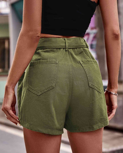 Belted Denim Shorts with Pockets