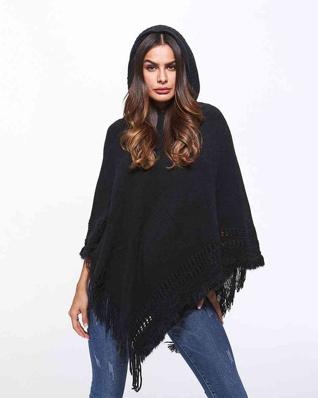Openwork Fringe Hem Hooded Poncho