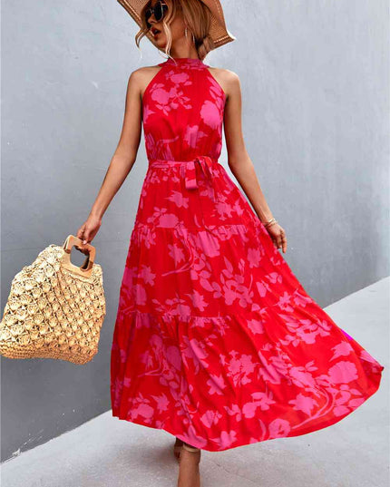 Printed Sleeveless Tie Waist Maxi Dress