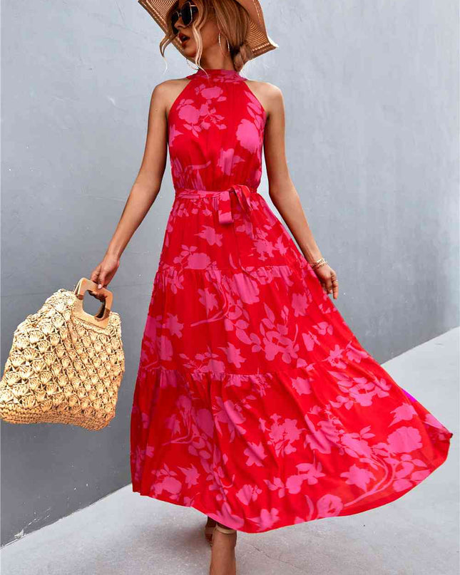 Printed Sleeveless Tie Waist Maxi Dress