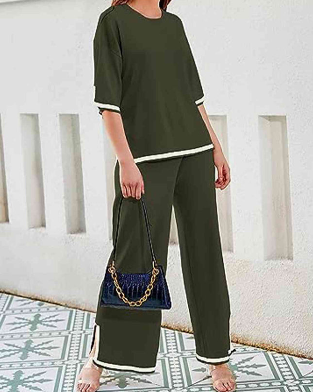 Contrast High-Low Sweater and Knit Pants Set