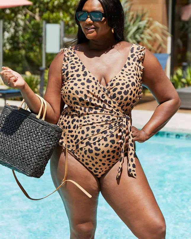 Marina West Swim Full Size Float On Ruffle Faux Wrap One-Piece in Leopard