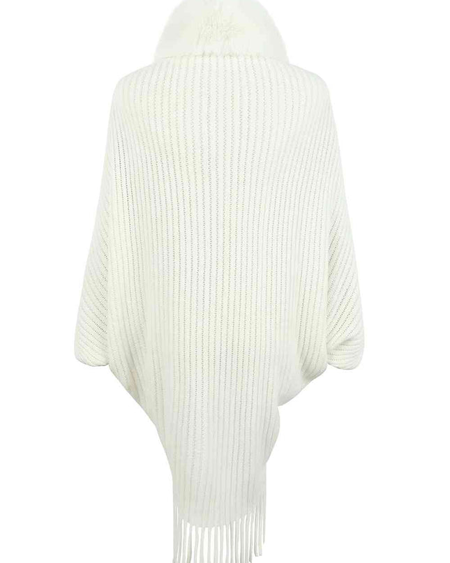 Fringe Detail Long Sleeve Ribbed Poncho