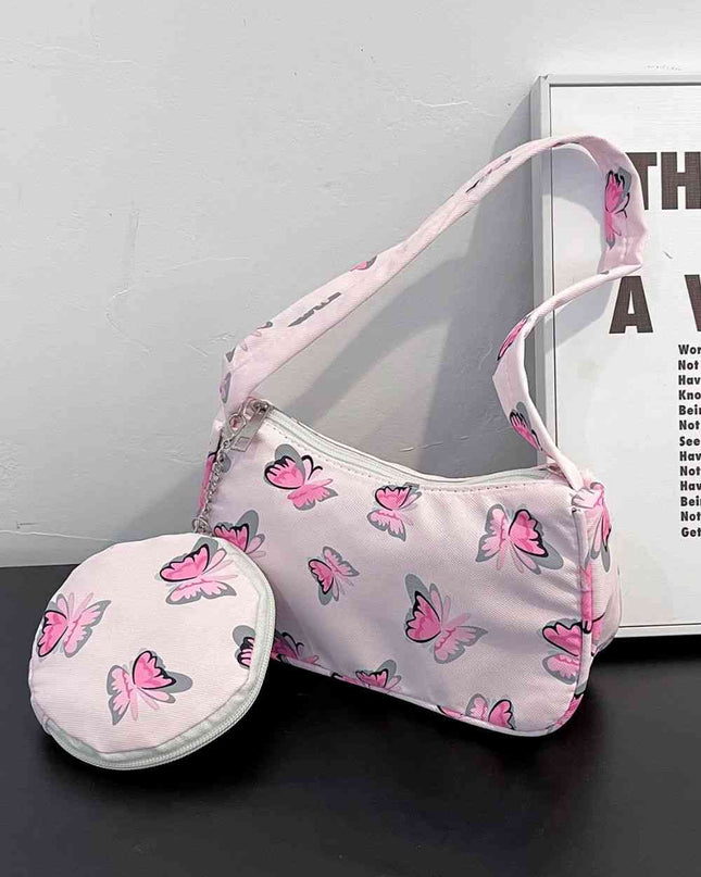 Butterfly Print Shoulder Bag with Purse