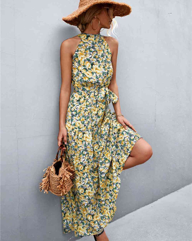 Printed Sleeveless Tie Waist Maxi Dress