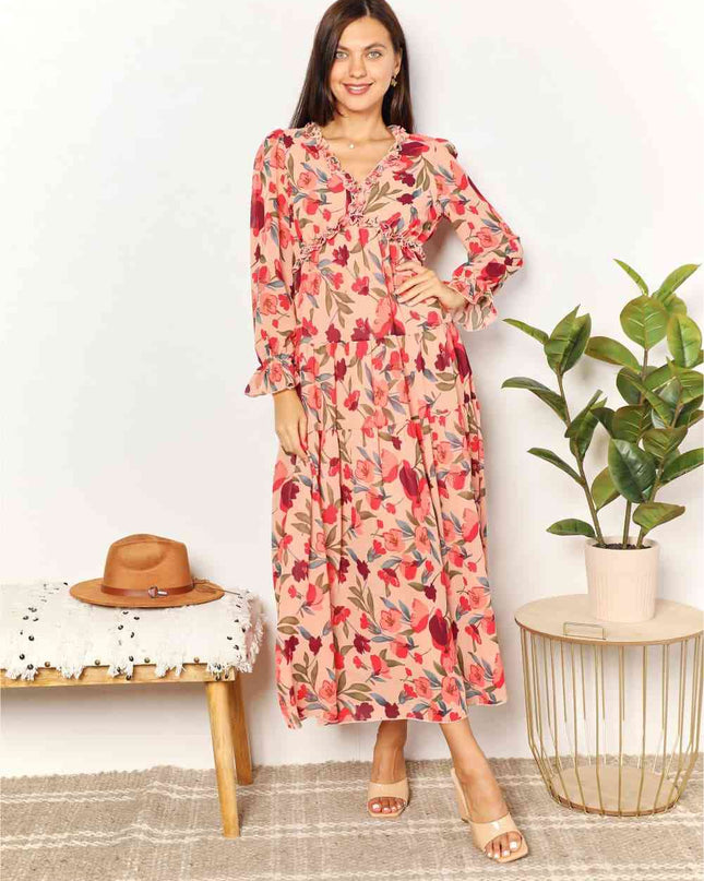 Double Take Floral Frill Trim Flounce Sleeve Plunge Maxi Dress