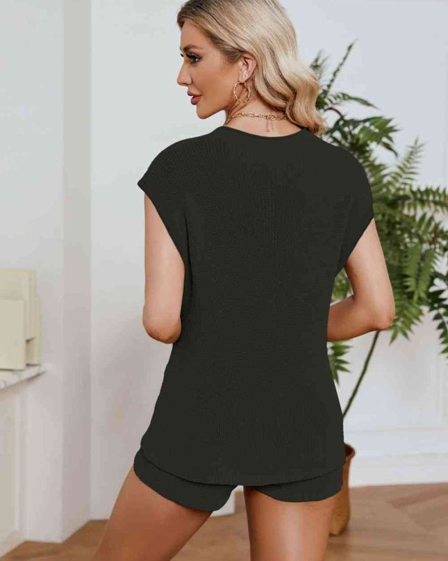 Ribbed Round Neck Pocket Knit Top and Shorts Set