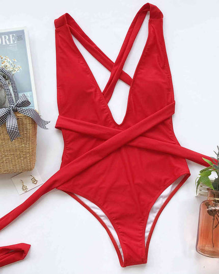Halter Neck Deep V Tied One-Piece Swimsuit