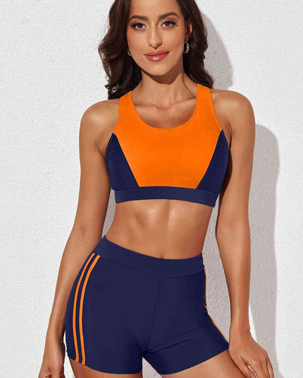 Printed Scoop Neck Back Crisscross Swim Set