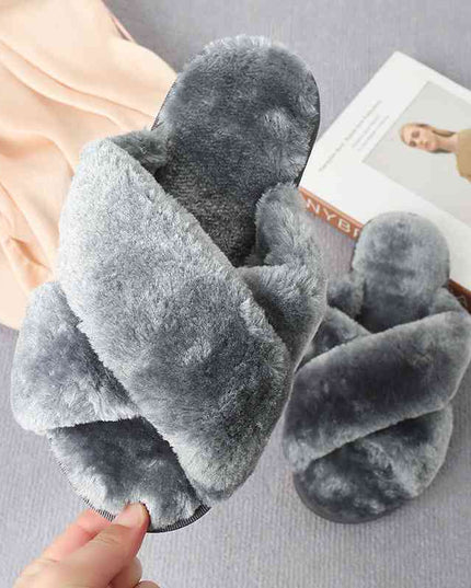 Faux Fur Crisscross Strap Slippers