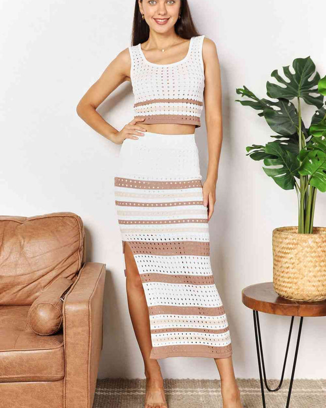 Double Take Striped Openwork Cropped Tank and Split Skirt Set
