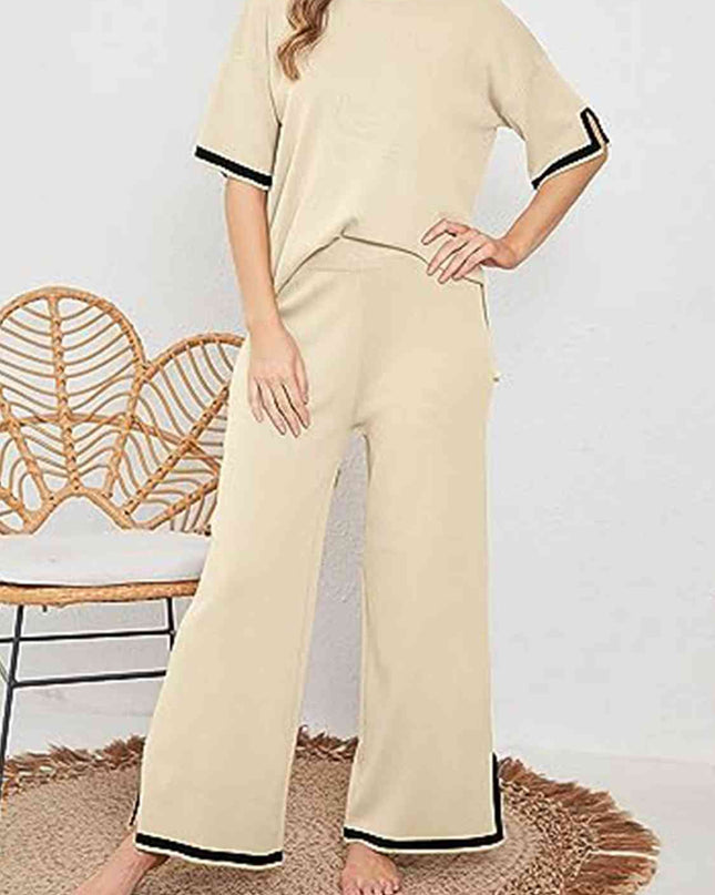 Contrast High-Low Sweater and Knit Pants Set