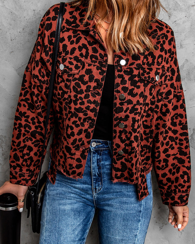 Double Take Leopard Print Raw Hem Jacket