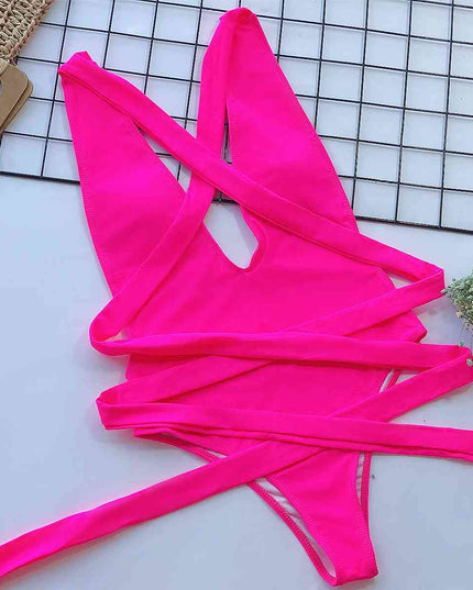Halter Neck Deep V Tied One-Piece Swimsuit