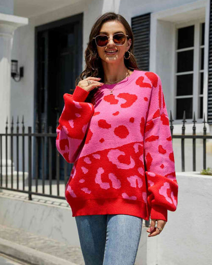 Woven Right Leopard Ribbed Trim Dropped Shoulder Sweater
