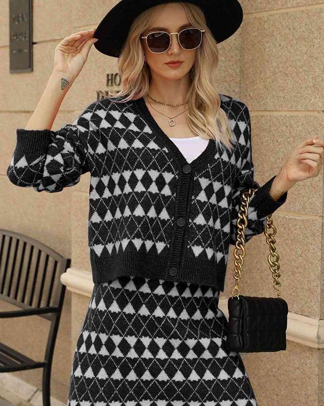 Geometric Dropped Shoulder Cardigan and Knit Skirt Set