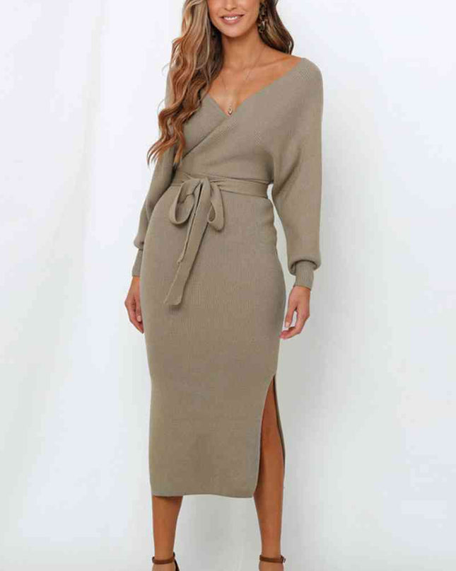 Surplice Neck Bow Waist Slit Sweater Dress