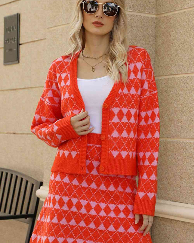 Geometric Dropped Shoulder Cardigan and Knit Skirt Set