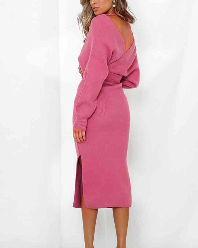 Surplice Neck Bow Waist Slit Sweater Dress