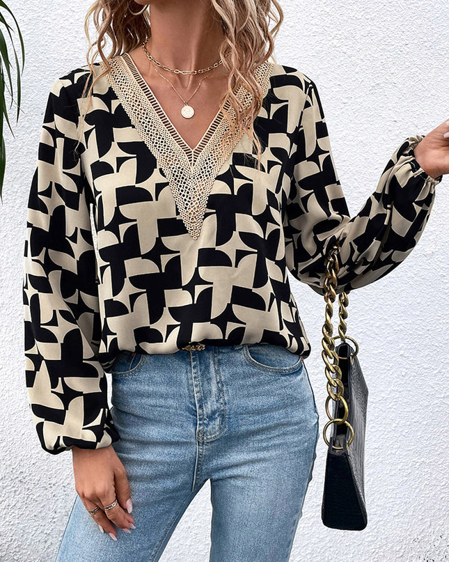 Two-Tone Lace Trim Balloon Sleeve Blouse