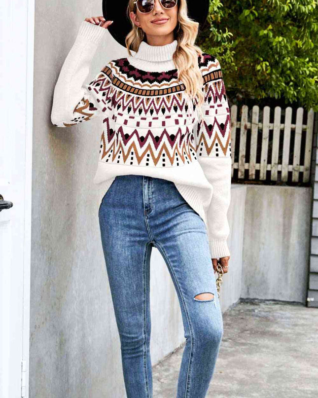 Woven Right Chevron Turtleneck Ribbed Trim Sweater