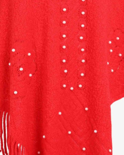 Pearl Trim Fringe Hem Poncho