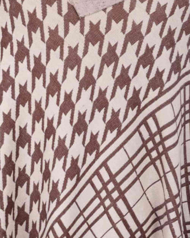 Houndstooth Turtleneck Fringe Hem Poncho