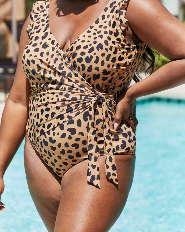 Marina West Swim Full Size Float On Ruffle Faux Wrap One-Piece in Leopard