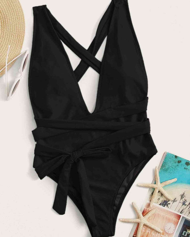 Halter Neck Deep V Tied One-Piece Swimsuit