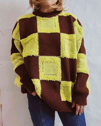 Checkered Round Neck Long Sleeve Sweater