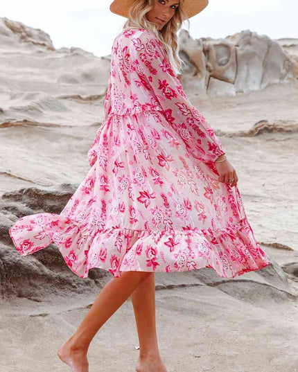 Printed Long Sleeve Tie Front Cover Up
