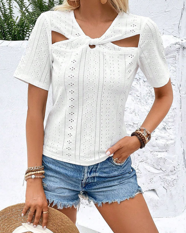Twisted Front Short Sleeve Eyelet Blouse