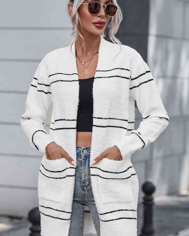 Striped Open Front Cardigan with Pockets