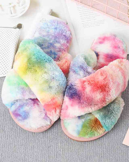 Faux Fur Crisscross Strap Slippers