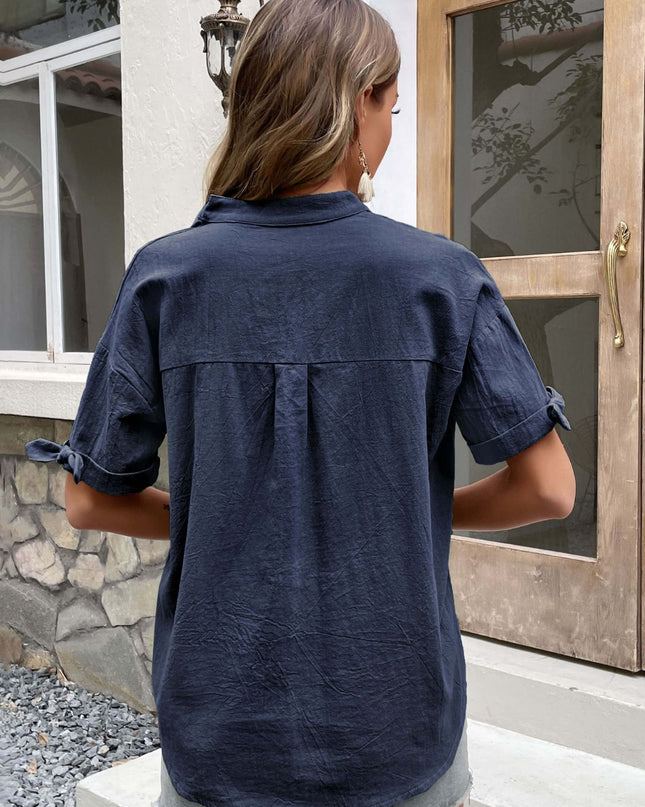 Buttoned Notched Neck Cuffed Sleeve Blouse